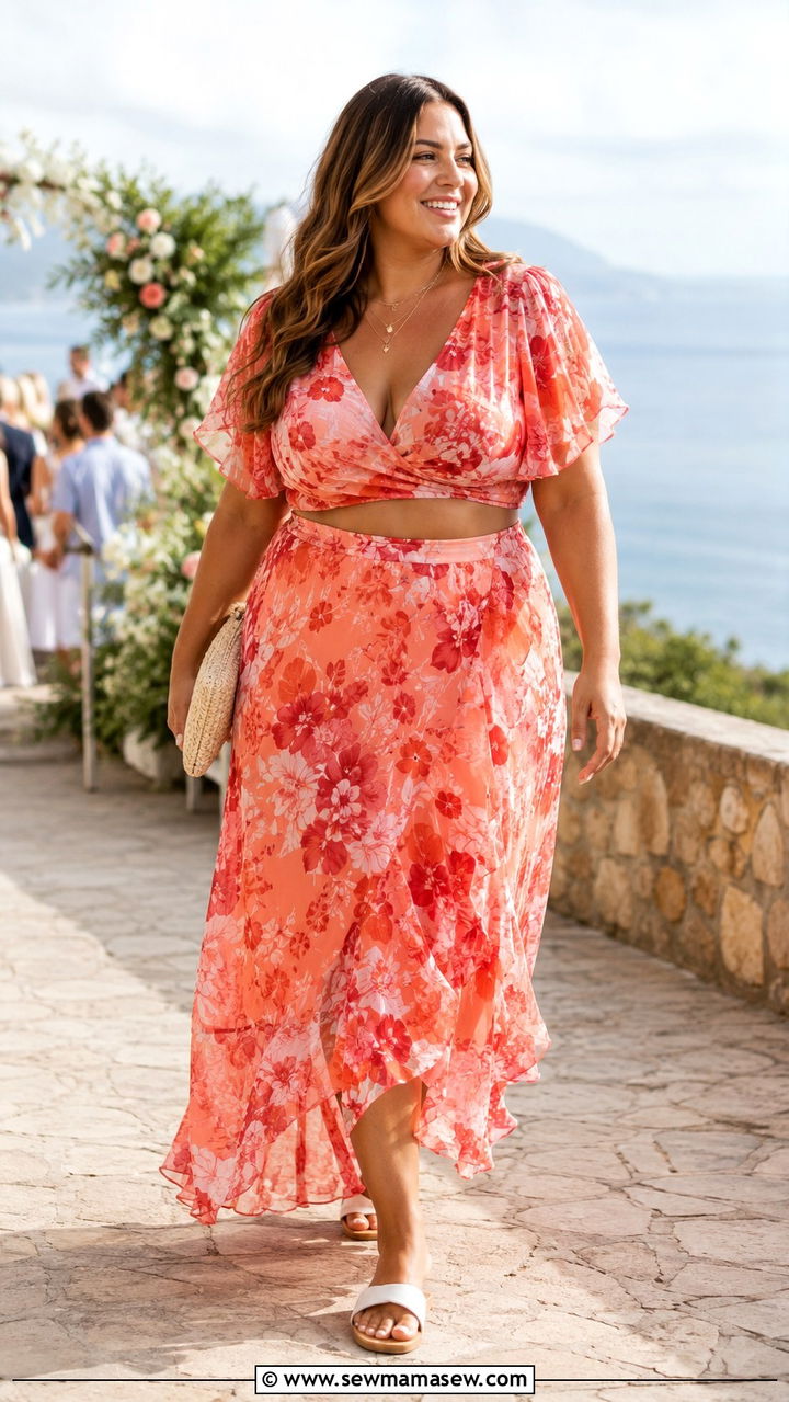 Coral Floral Chiffon Top and Skirt Set with Flat Sandals - 30 Plus size wedding guest outfits spring