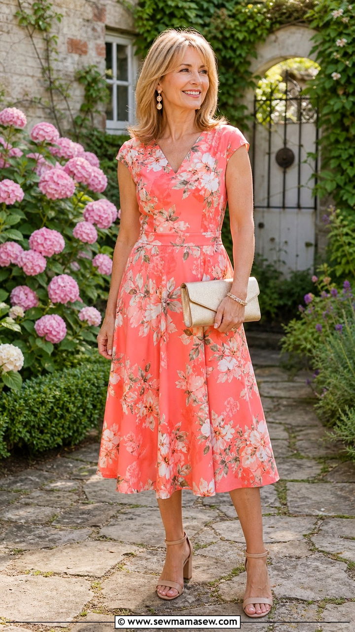 Coral Floral Midi Dress and Nude Block Heels - 40 Summer outfit ideas for women over 50 2026