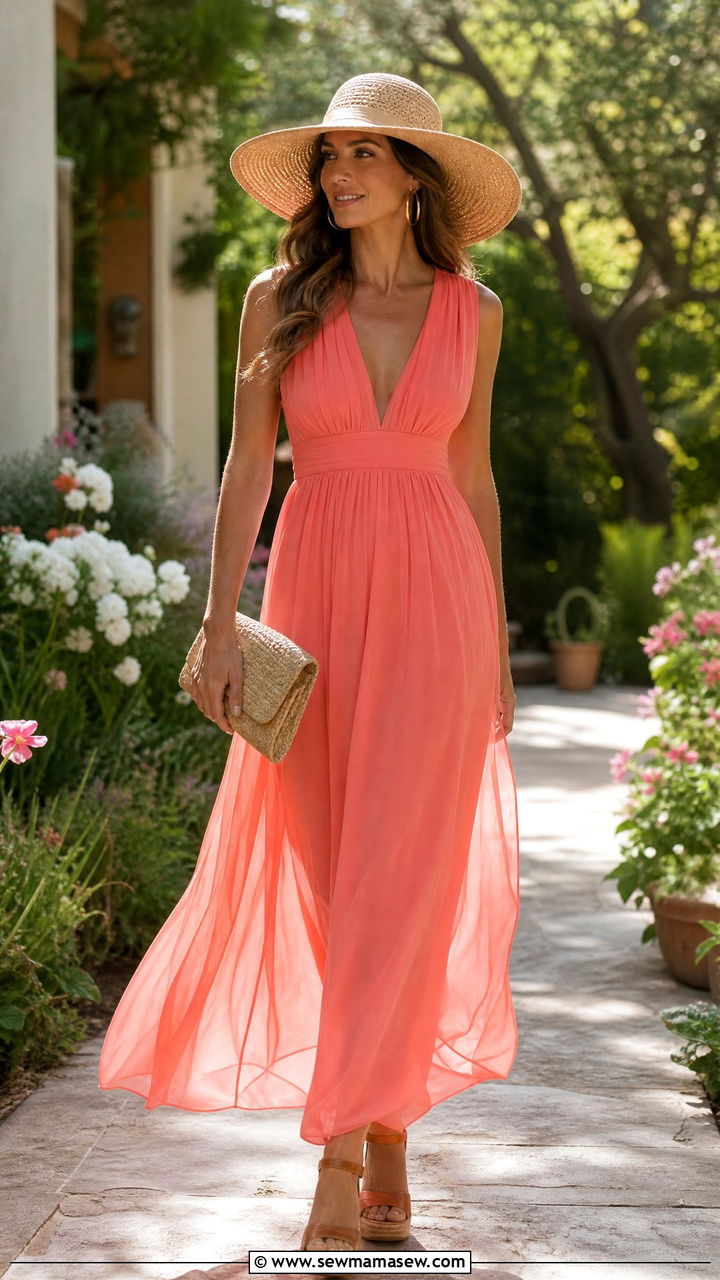Coral Flowy Dress Garden Wedding Guest Look - 30 Garden attire wedding guest outfit ideas