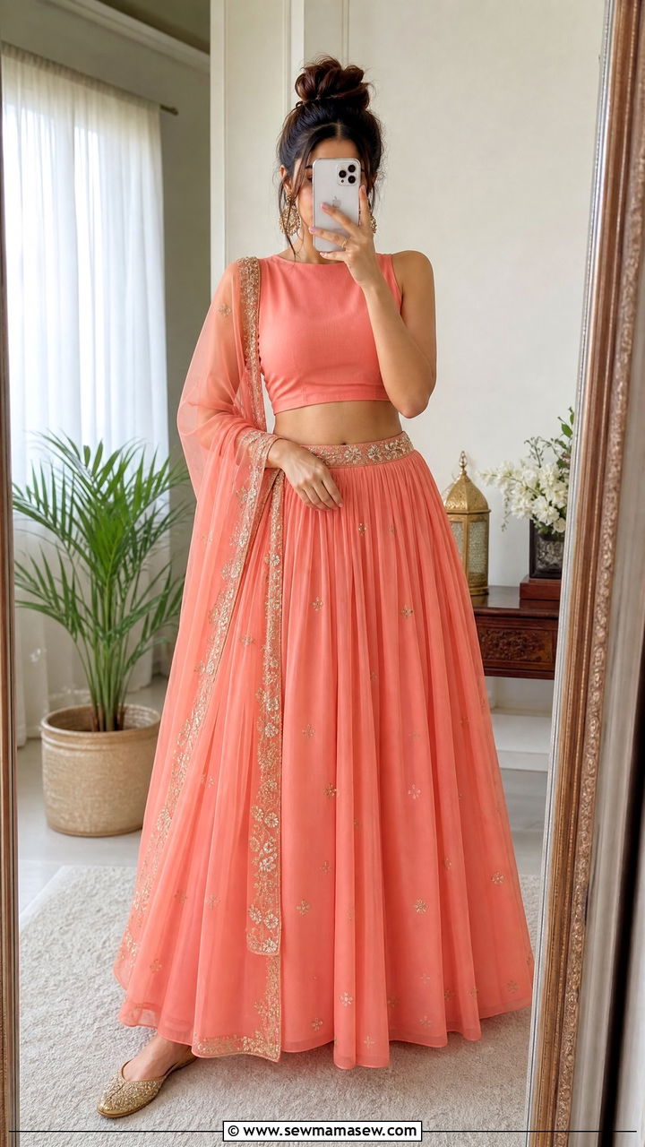 Coral Georgette Lehenga with Simple Top - 30 Eid outfit ideas for teens