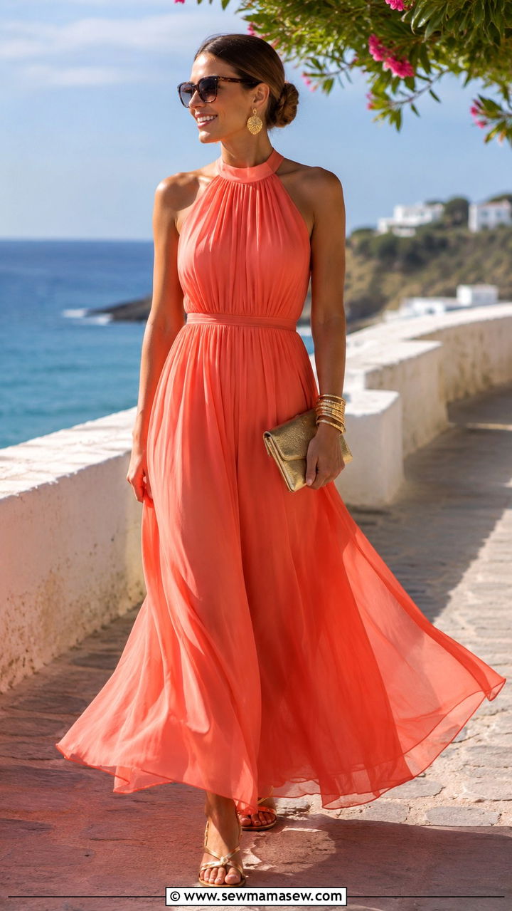 Coral Halter Maxi Dress with Gold Bangle Bracelets - 25 Wedding guest outfit ideas coral dress