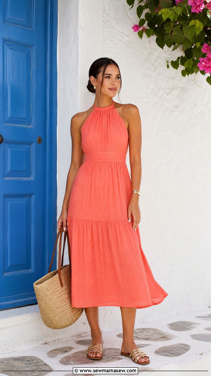 Coral Halter Midi Dress and Woven Tote - 35 Greece summer outfit ideas