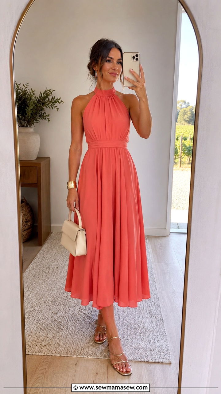 Coral Halter Midi Dress with Strappy Sandals - 25 Wedding guest outfit ideas coral dress