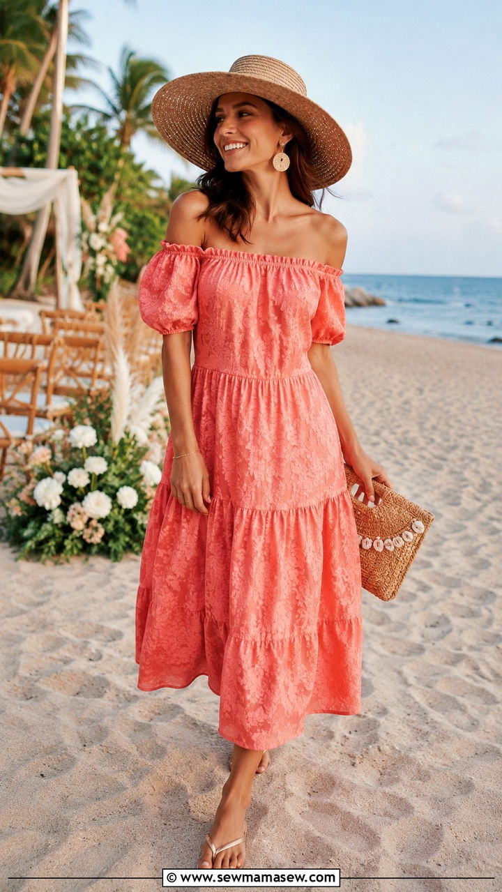 Coral Jacquard Off Shoulder Dress Beach Wedding Guest - 25 Wedding guest outfit ideas jacquard dress