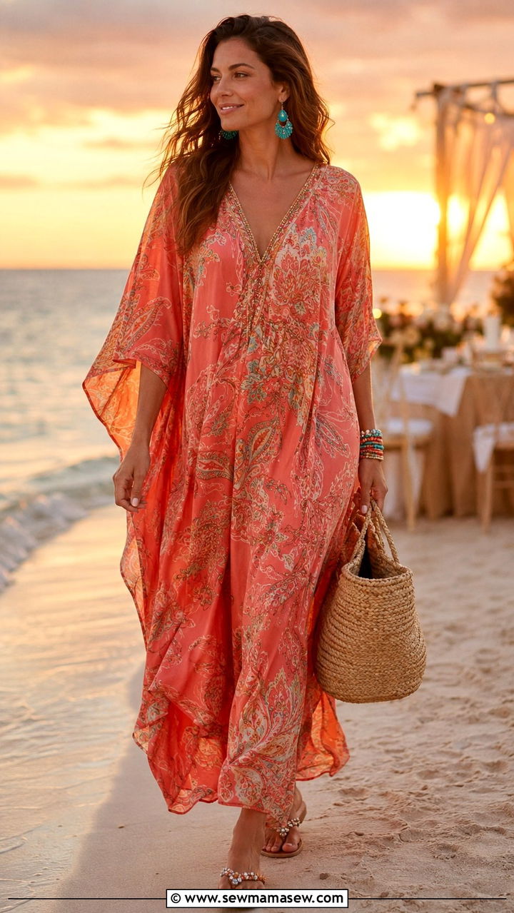Coral Kaftan Dress with Flat Beaded Sandals - 25 Wedding guest outfit ideas coral dress