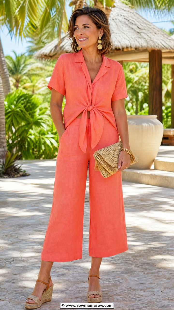 Coral Linen Two Piece Set With Raffia Accessories - 30 Matching set outfit ideas for women over 40