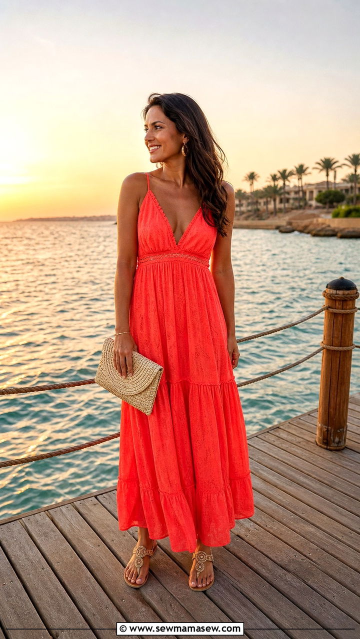 Coral Maxi Dress And Beaded Sandals Outfit - 40 Sharm El Sheikh outfit ideas