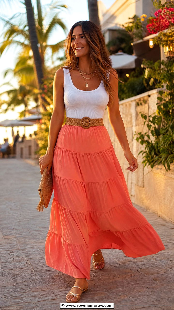 Coral Maxi Skirt With White Tank Top Outfit - 30 Coral outfit ideas