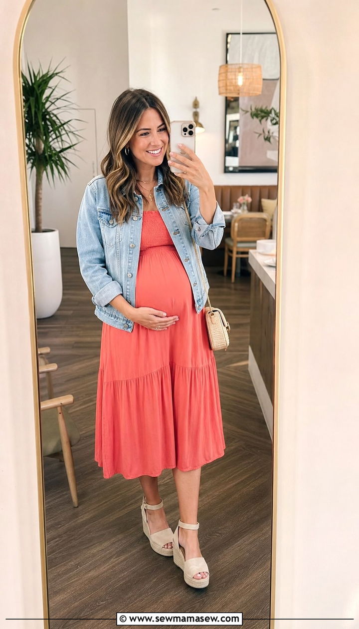Coral Midi Dress and Denim Jacket Baby Shower Outfit - 35 Baby shower outfit ideas
