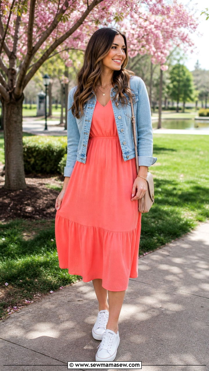 Coral Midi Dress with a Light Wash Denim Jacket - 40 Spring baby shower outfits