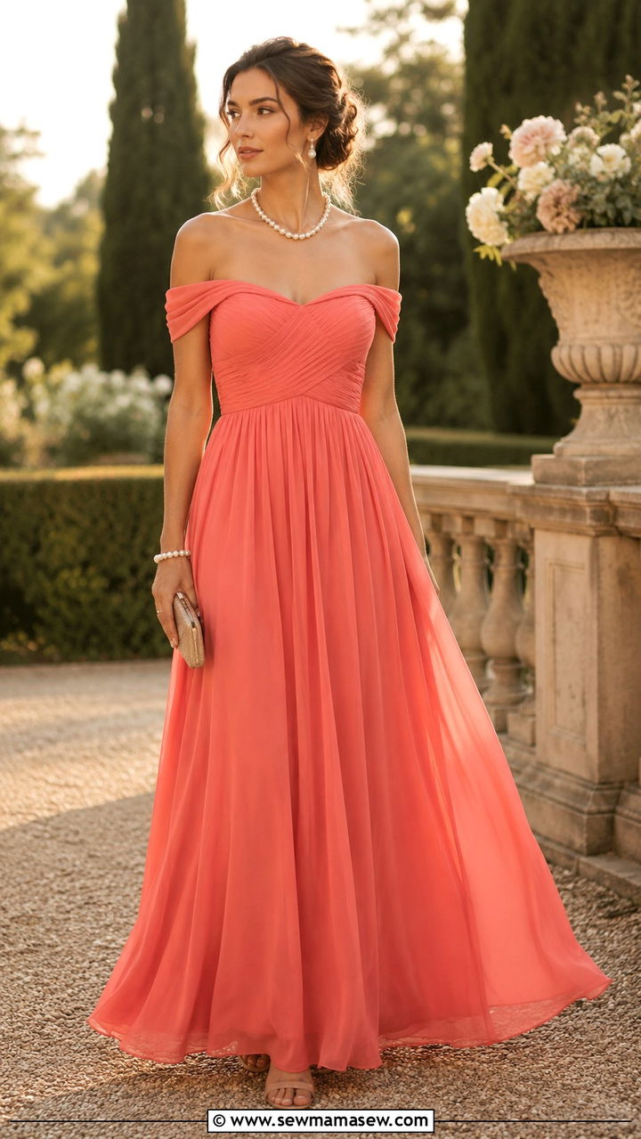 Coral Off Shoulder Maxi Dress with Pearl Jewelry - 25 Wedding guest outfit ideas coral dress