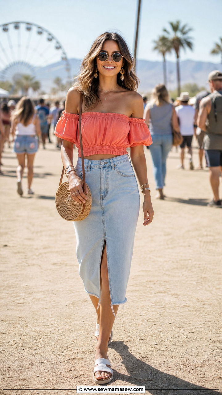 Coral Off Shoulder Top With Denim Skirt Outfit - 30 Coral outfit ideas