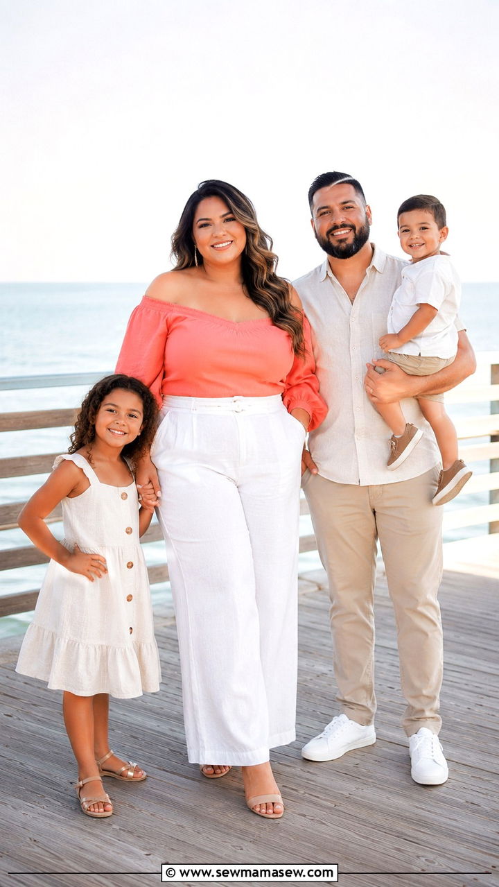 Coral Off Shoulder Top With White Wide Leg Pants - 30 Plus size outfit ideas for family photos