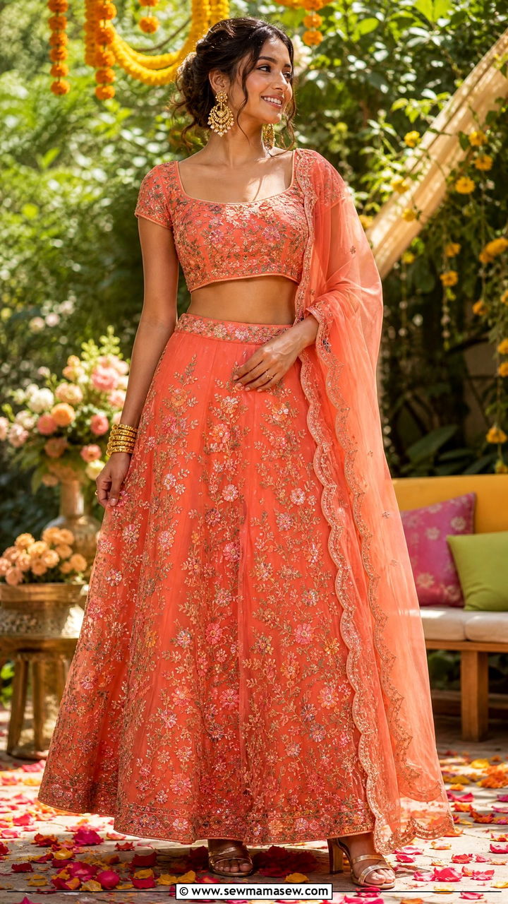 Coral Orange Crop Top Lehenga With Floral Embroidery - 30 Mehndi outfit ideas