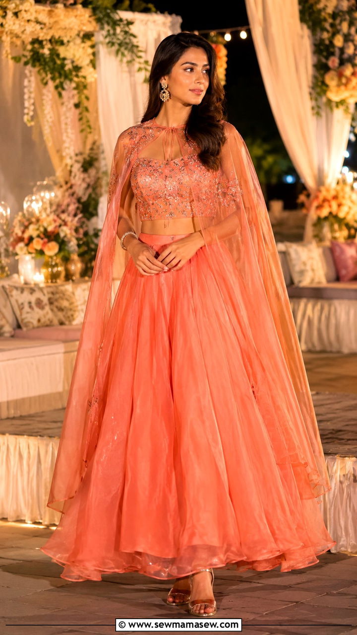Coral Organza Cape Lehenga Outfit - 25 Mehndi outfit ideas 2026