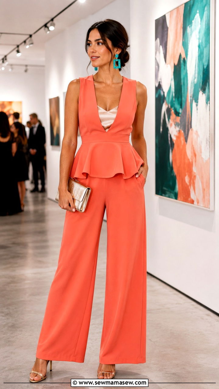 Coral Peplum Top with Wide Leg Trousers and Heels - 25 Wedding guest outfit ideas coral dress