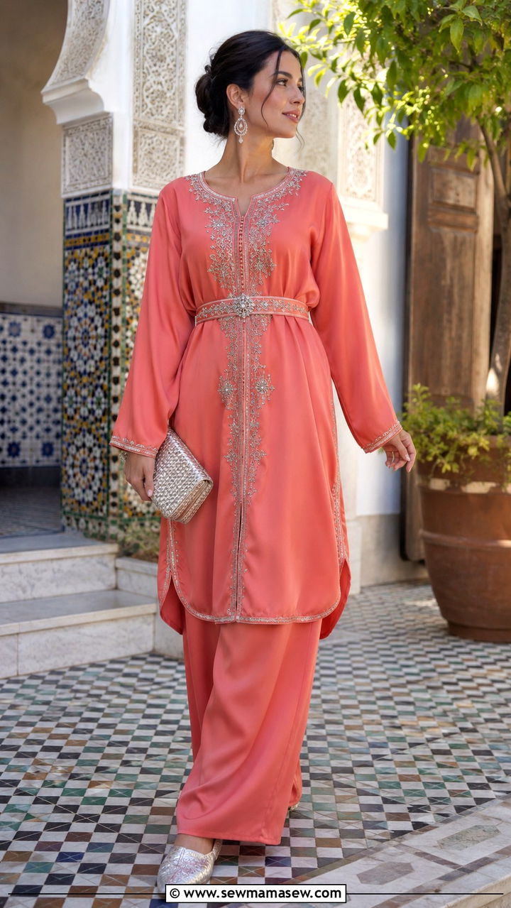 Coral Pink Embroidered Jabador Pants Set - 25 Wedding guest outfit ideas Moroccan wedding