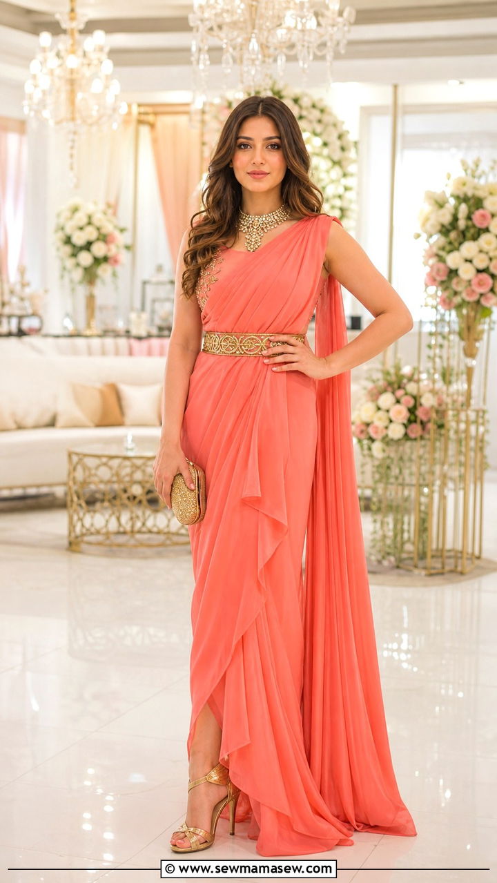 Coral Pink Saree Gown With Belt - 40 Eid outfit ideas for women