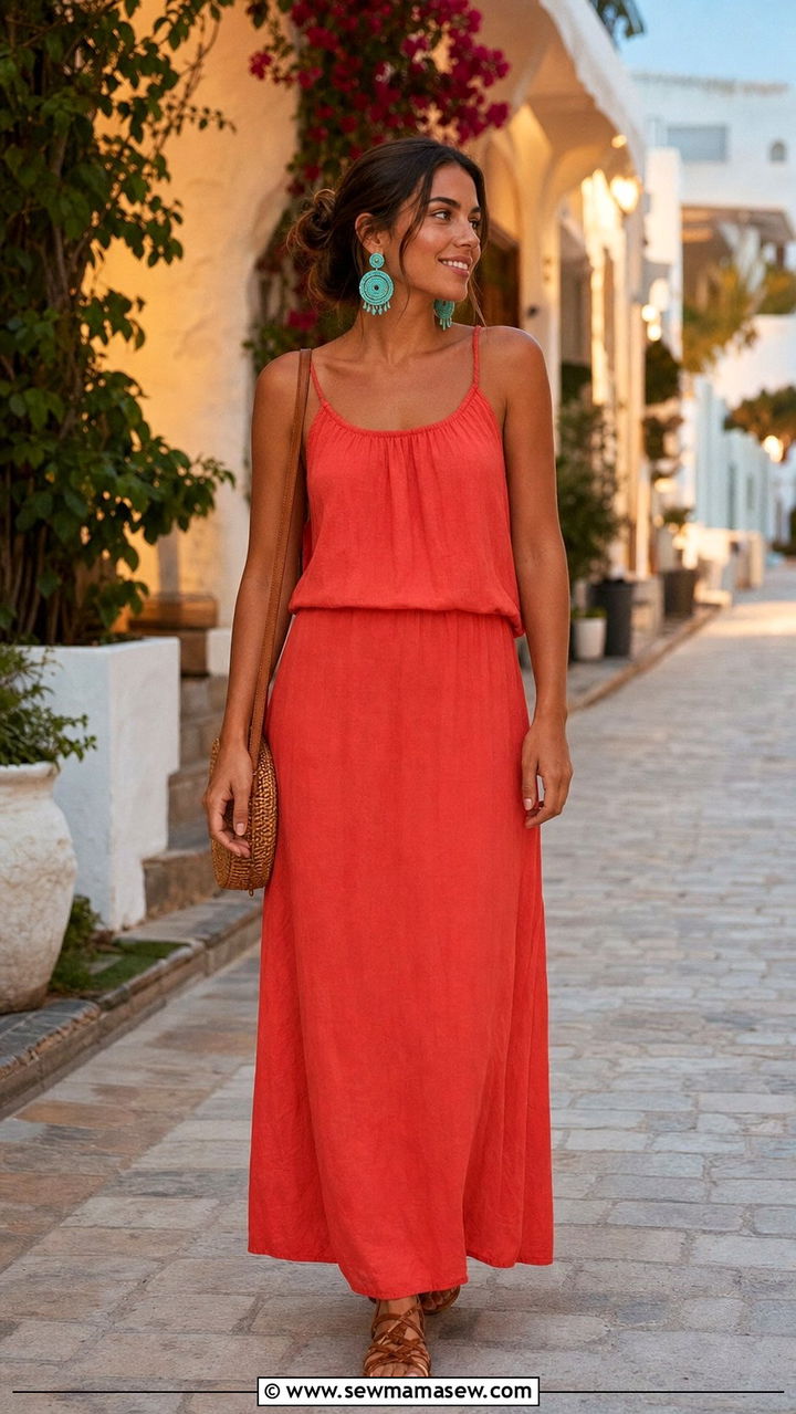 Coral Red Maxi Dress with Woven Accessories - 25 Dressy casual summer outfit ideas 2026