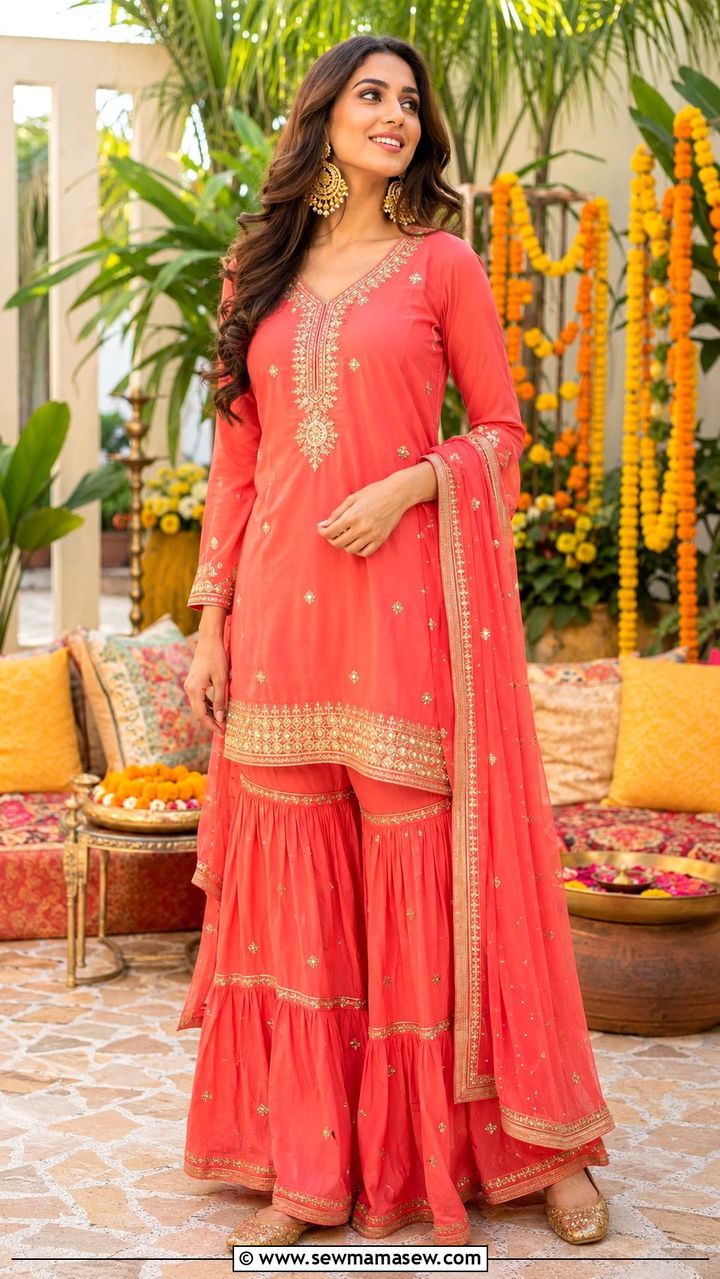 Coral Sharara Outfit With Gold Accents - 25 Mehndi outfit ideas 2026