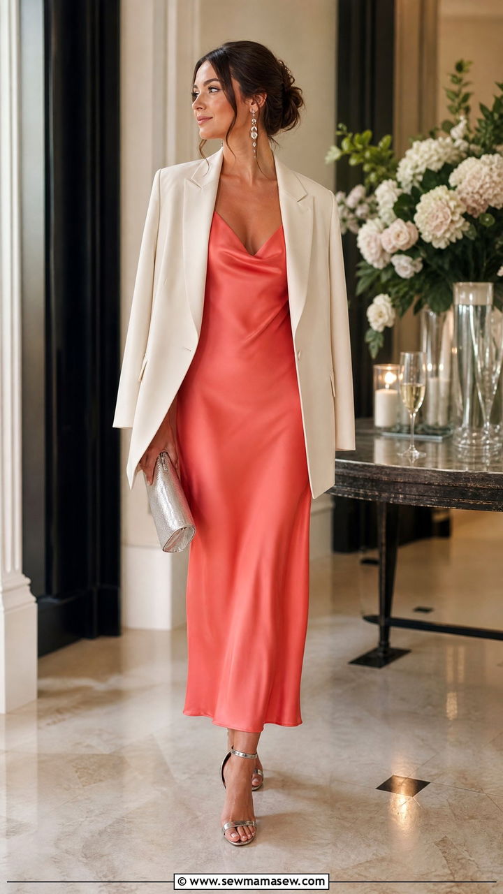 Coral Slip Dress With Silver Heels Outfit - 30 Coral outfit ideas