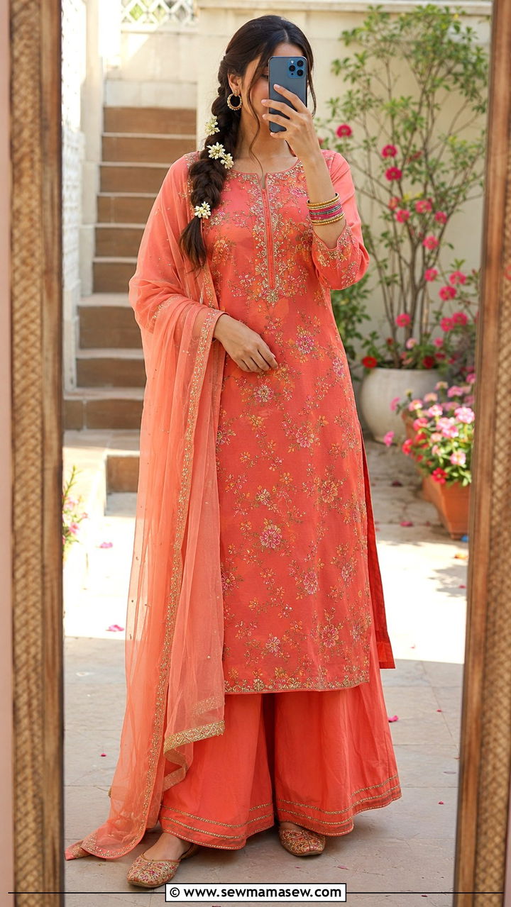 Coral Straight Kurta Palazzo Suit with Floral Motifs - 25 Wedding guest outfit ideas Mehndi ceremony