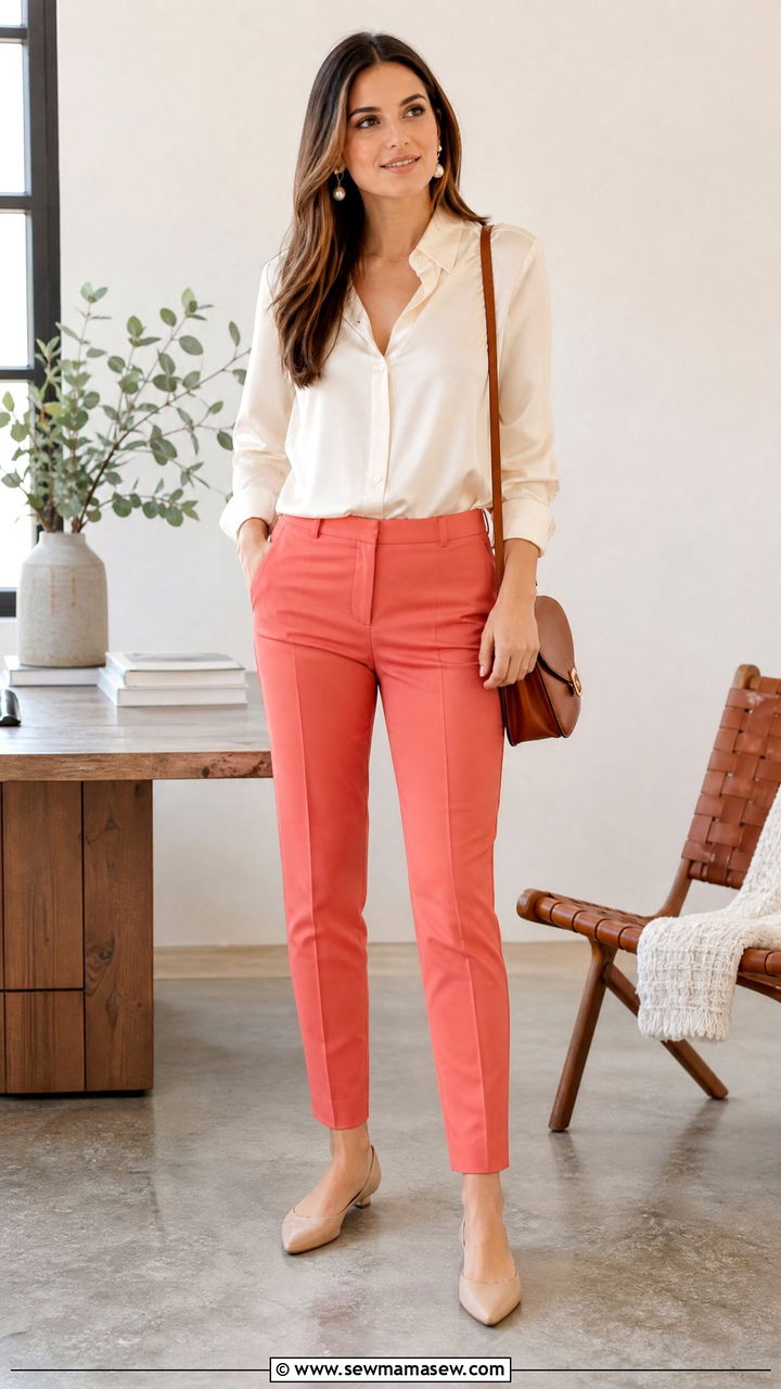 Coral Trousers With Cream Blouse Outfit - 30 Coral outfit ideas