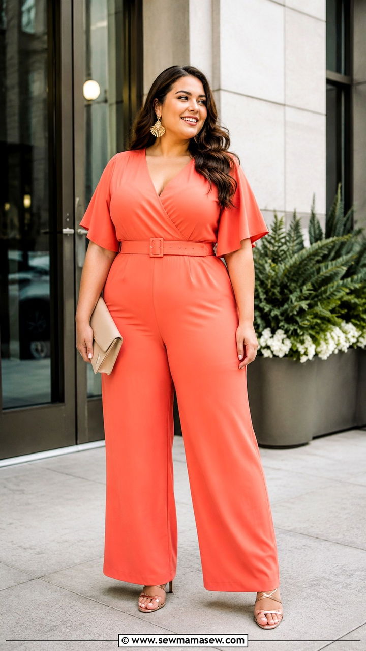 Coral Wide Leg Jumpsuit With Strappy Heels - 30 plus size spring wedding guest outfit ideas