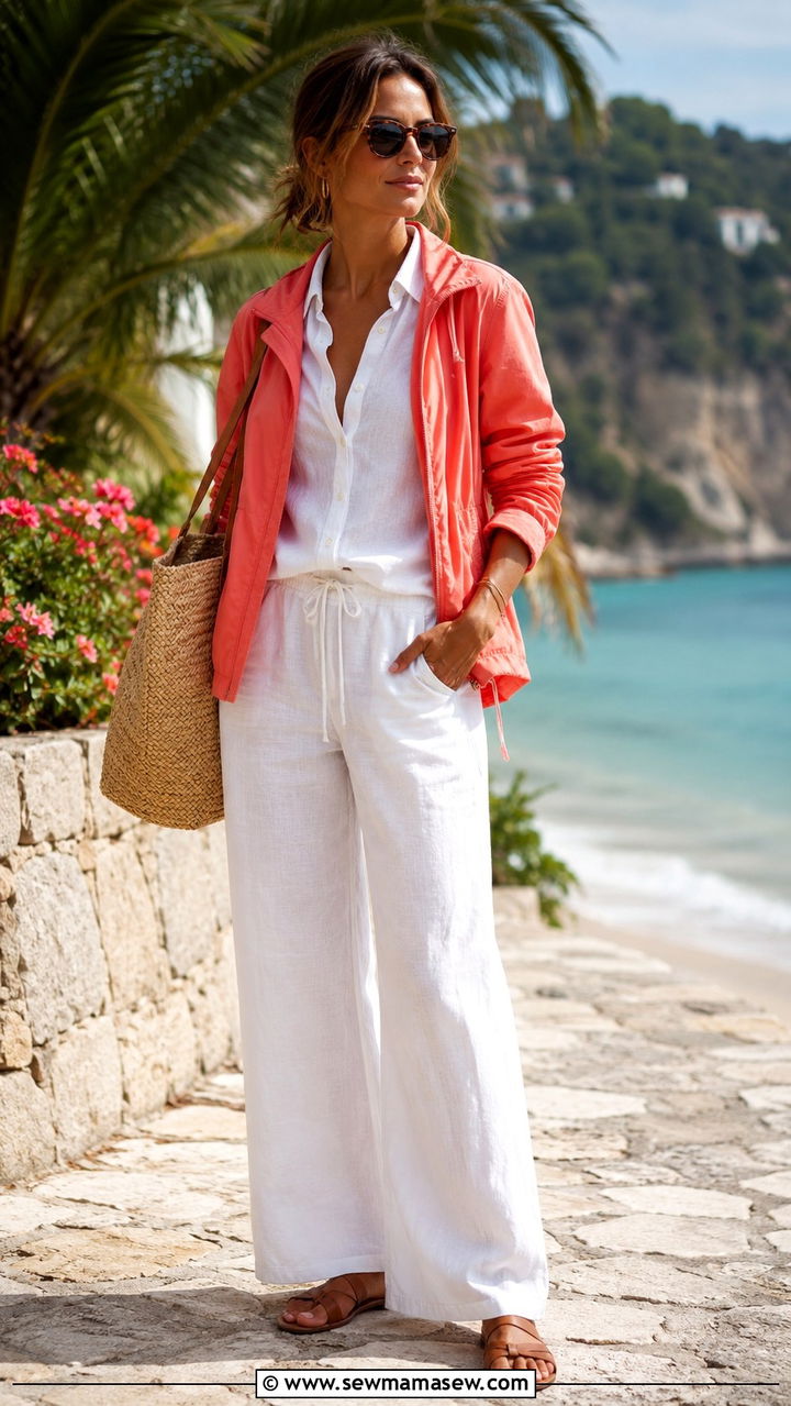 Coral Windbreaker Outfit With White Linen Pants - 30 cute windbreaker outfits