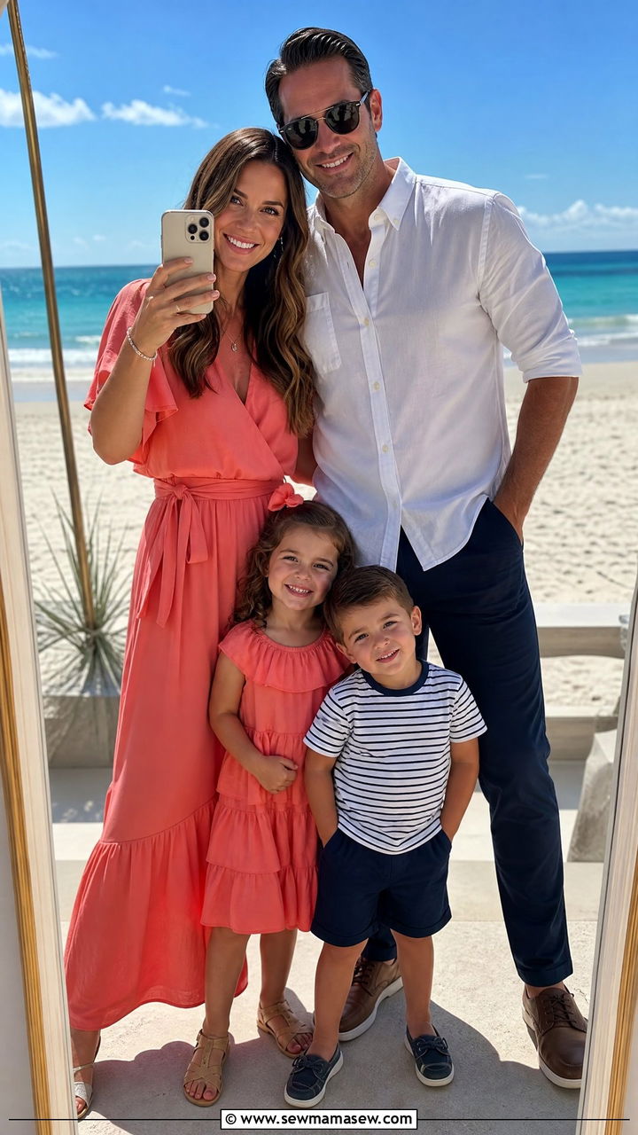 Coral and Navy Family Beach Outfit - 30 Family beach photo outfit ideas