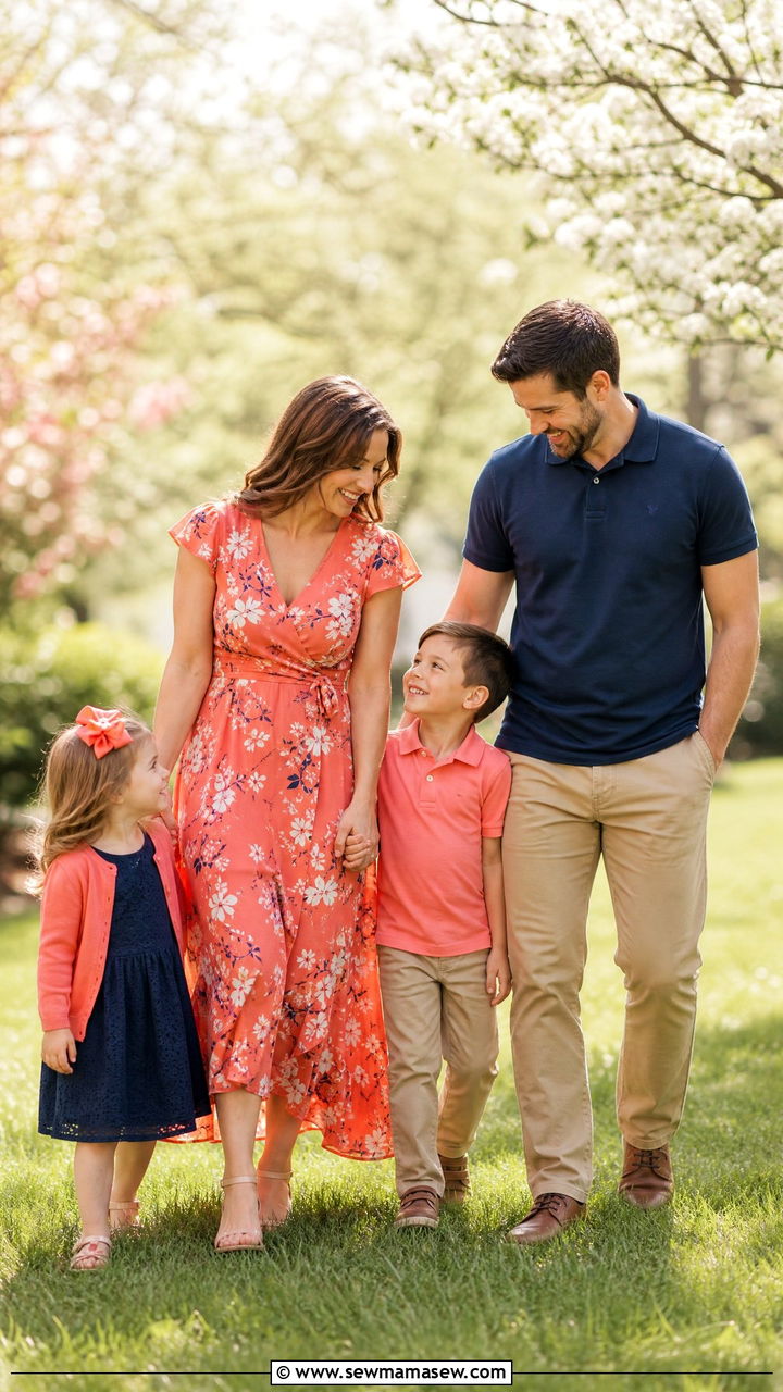 Coral and Navy Spring Family Coordination - 25 Family spring photo outfit ideas
