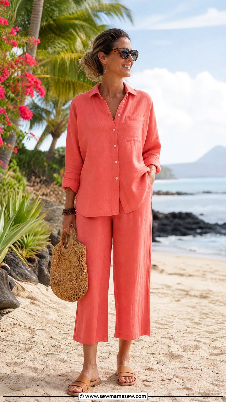 Coral linen matching set for women over 40 - 30 matching set outfits for women over 40