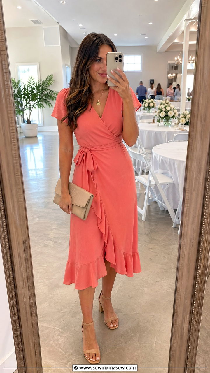 Coral wrap dress for family reunion - 35 Family reunion outfit ideas