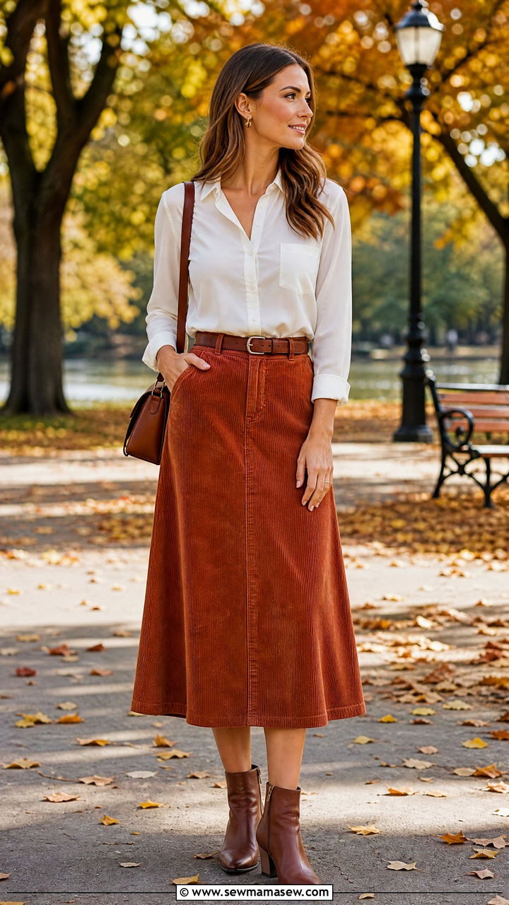 Corduroy A Line Skirt with Button Down - 25 Business casual outfits with skirt