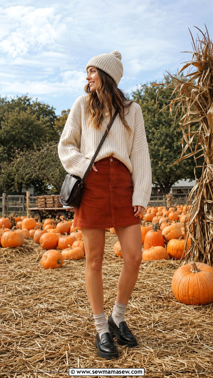 Corduroy A line skirt with chunky sweater and lug sole loafers - 30 Loafers outfit ideas with a skirt
