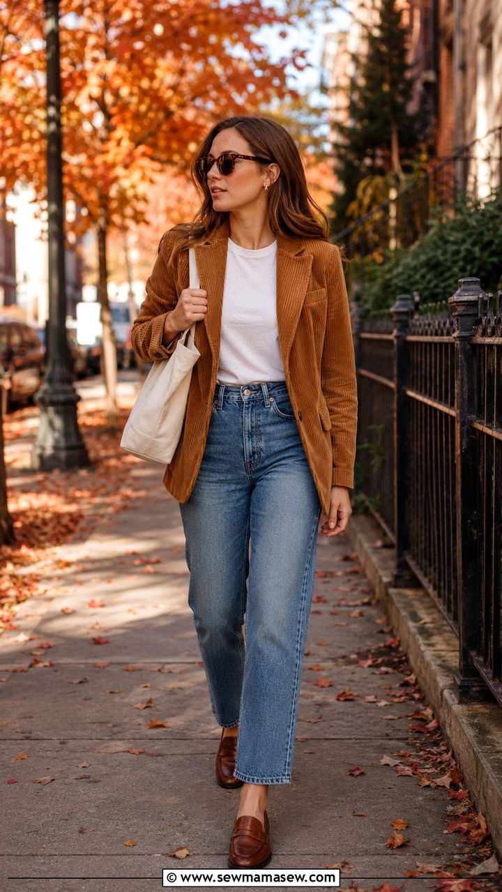 Corduroy Blazer And High Waisted Jeans - 30 High waisted jeans outfit ideas with a blazer