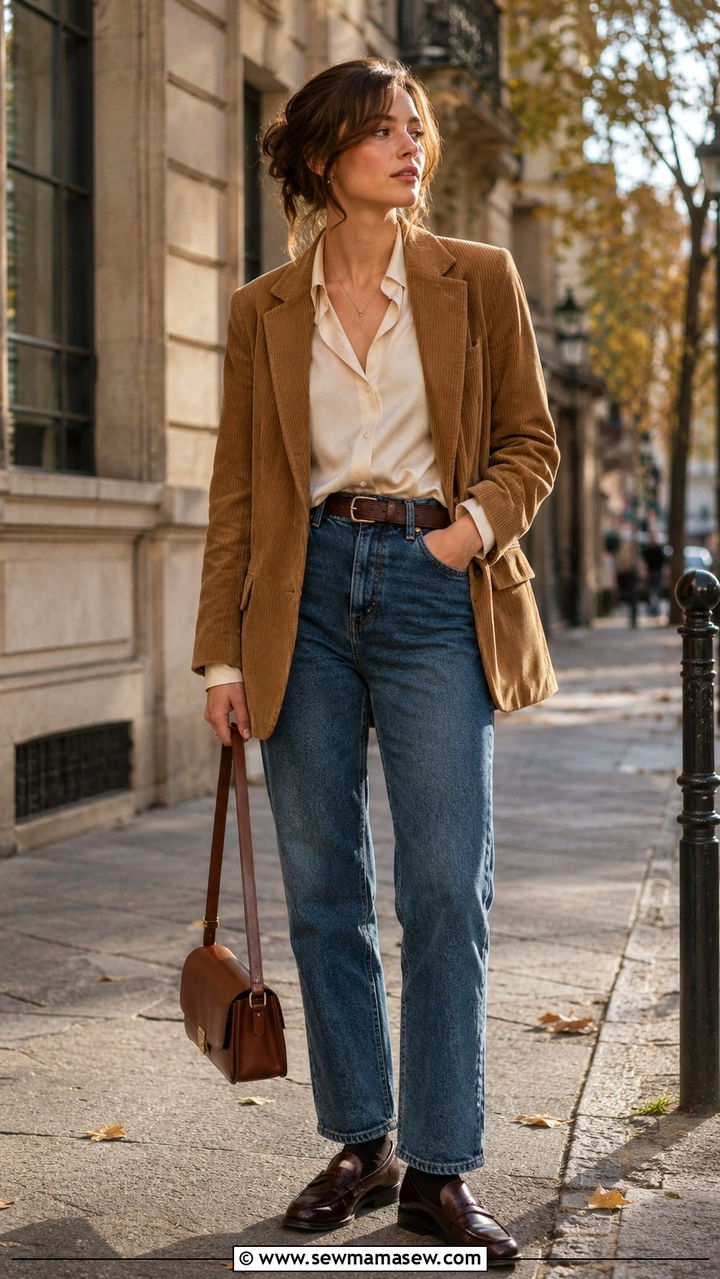 Corduroy Blazer Silk Blouse And Straight Leg Denim - 25 poetcore outfits