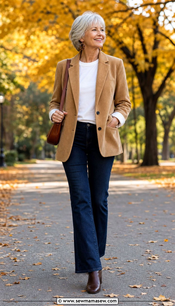 Corduroy Blazer With Bootcut Jeans - 25 Cute outfits for women over 60