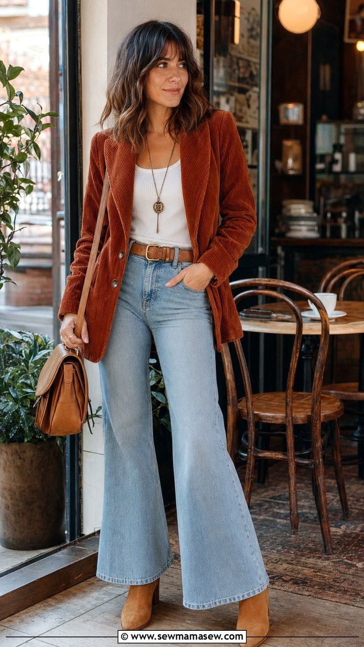 Corduroy Blazer With Flared Jeans - 35 70s outfit ideas