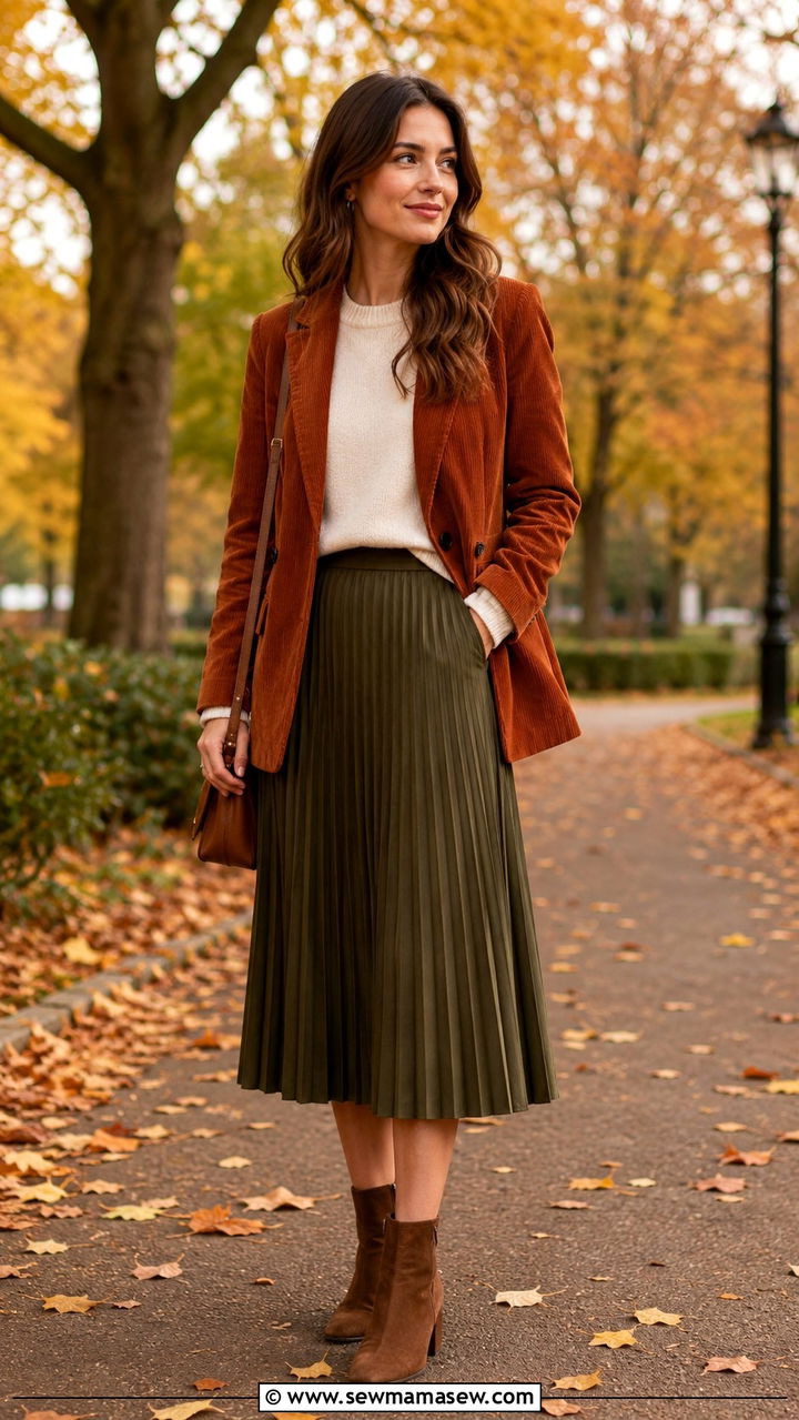 Corduroy Blazer With Pleated Skirt And Ankle Boots - 30 Pleated skirt outfit ideas with a blazer