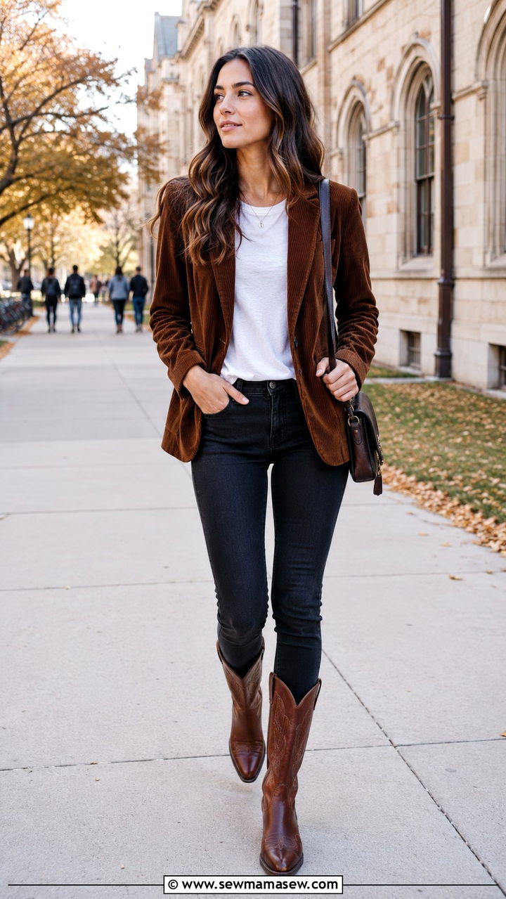 Corduroy Blazer With Skinny Jeans And Cowboy Boots - 30 transitional western outfit ideas
