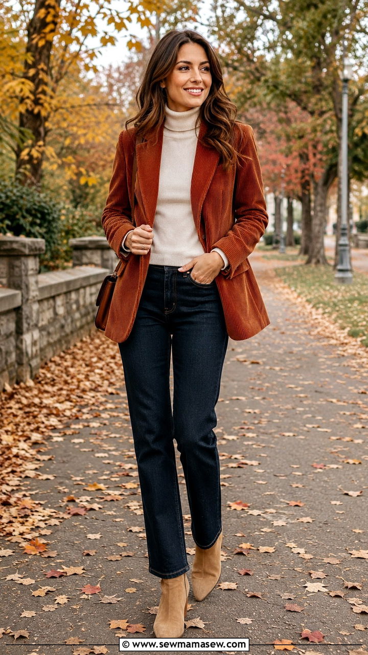 Corduroy Blazer With Straight Leg Dark Jeans And Suede Boots - 30 Tailored blazer outfit ideas with jeans