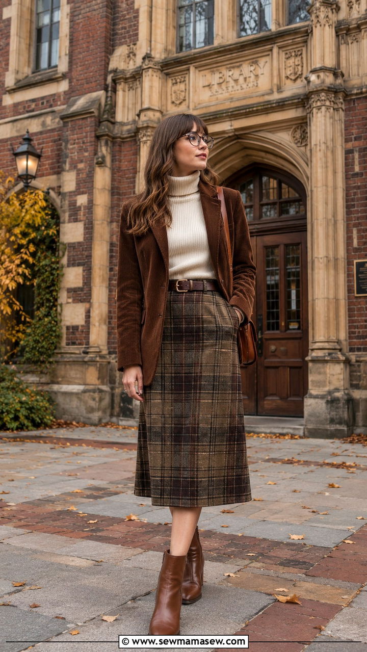 Corduroy Blazer With Turtleneck And Plaid Midi Skirt - 25 Professor outfit ideas