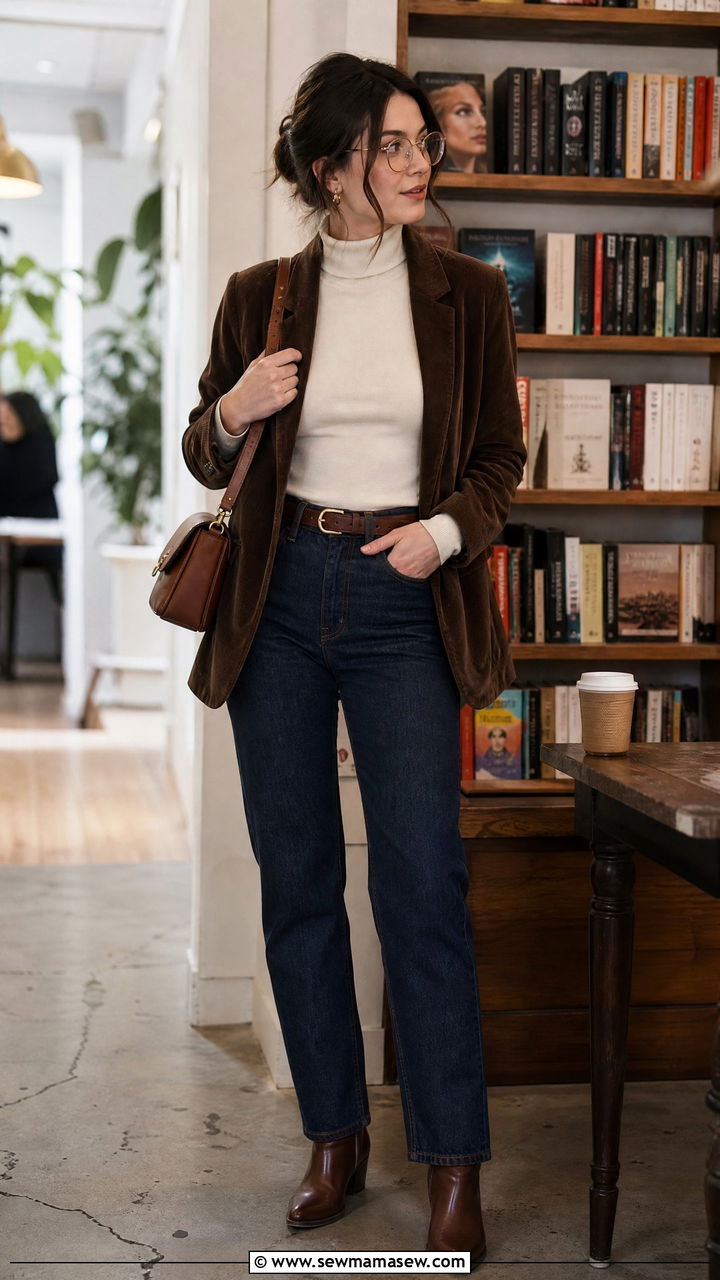 Corduroy Blazer With Turtleneck And Straight Leg Jeans - 25 classy librarian core outfits