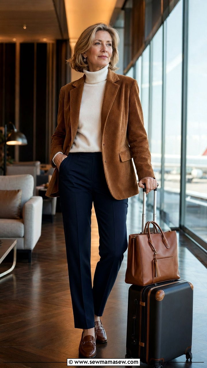 Corduroy Blazer With Turtleneck And Trousers - 35 Airport outfit ideas for women over 50