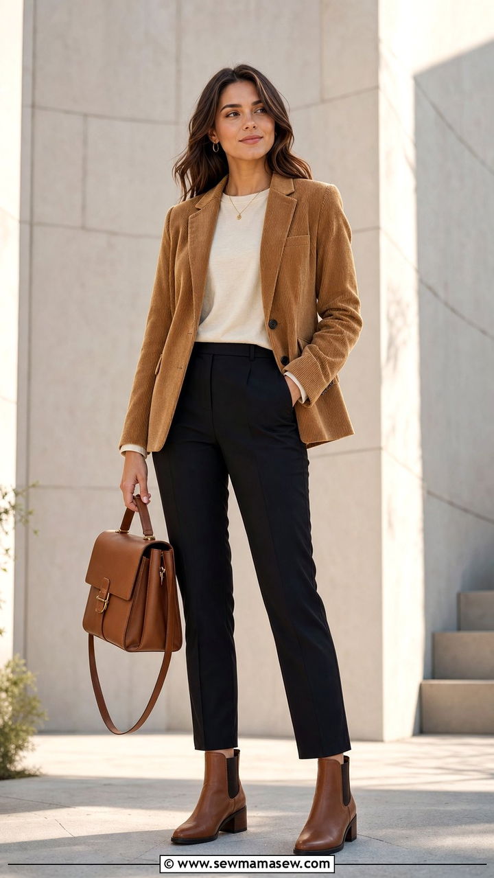 Corduroy Blazer and Ankle Length Trousers Office Look - 35 Business casual outfits for first job