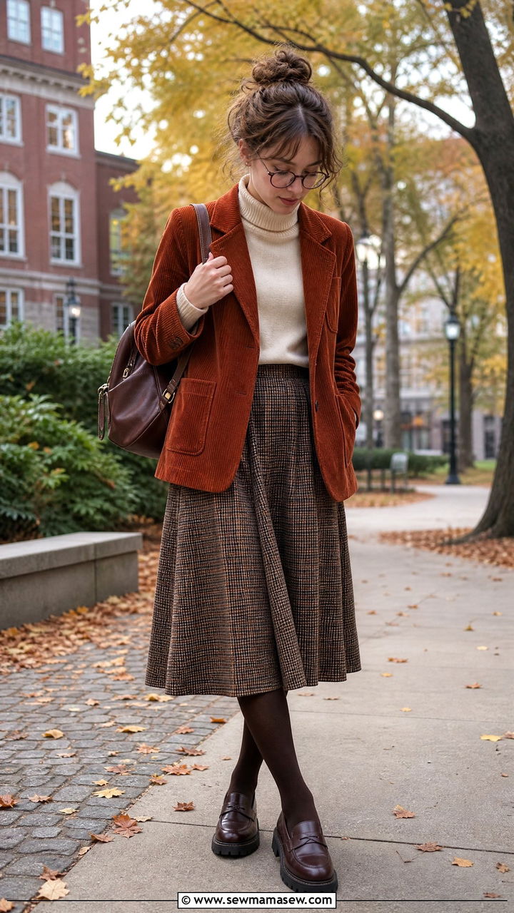 Corduroy Blazer and Plaid Skirt - 25 librarian core outfits inspo