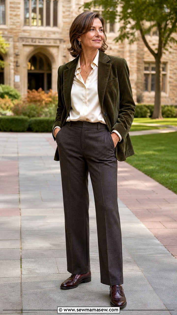 Corduroy Blazer and Silk Blouse with Straight Leg Trousers - 20 dark academia outfit ideas for women over 40