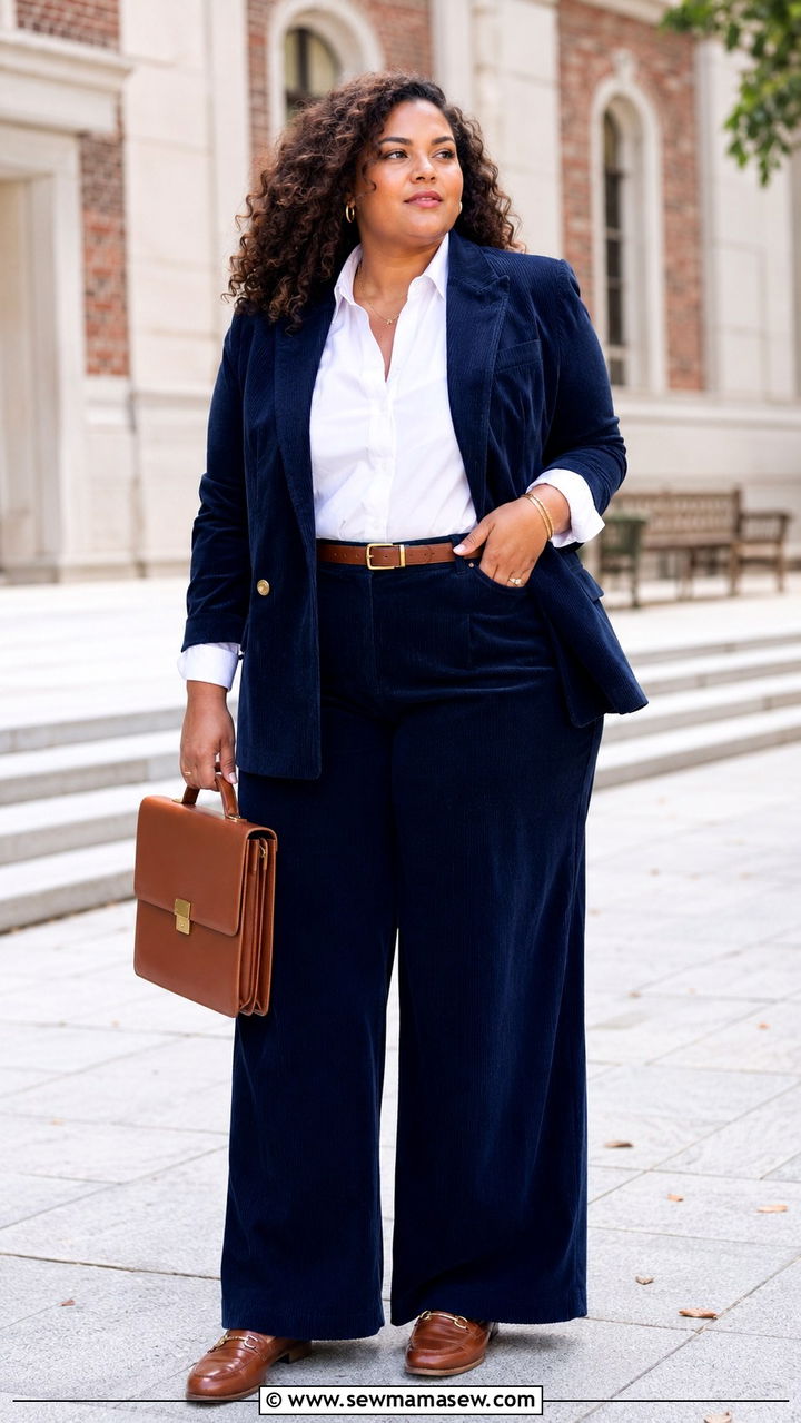 Corduroy Blazer with Matching Wide Leg Pants - 30 Plus size corporate outfit ideas