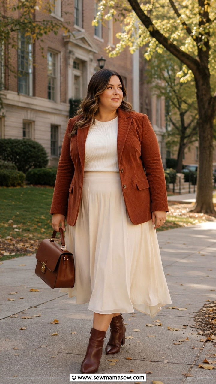 Corduroy Blazer with Midi Skirt Outfit - 30 plus size office outfit ideas